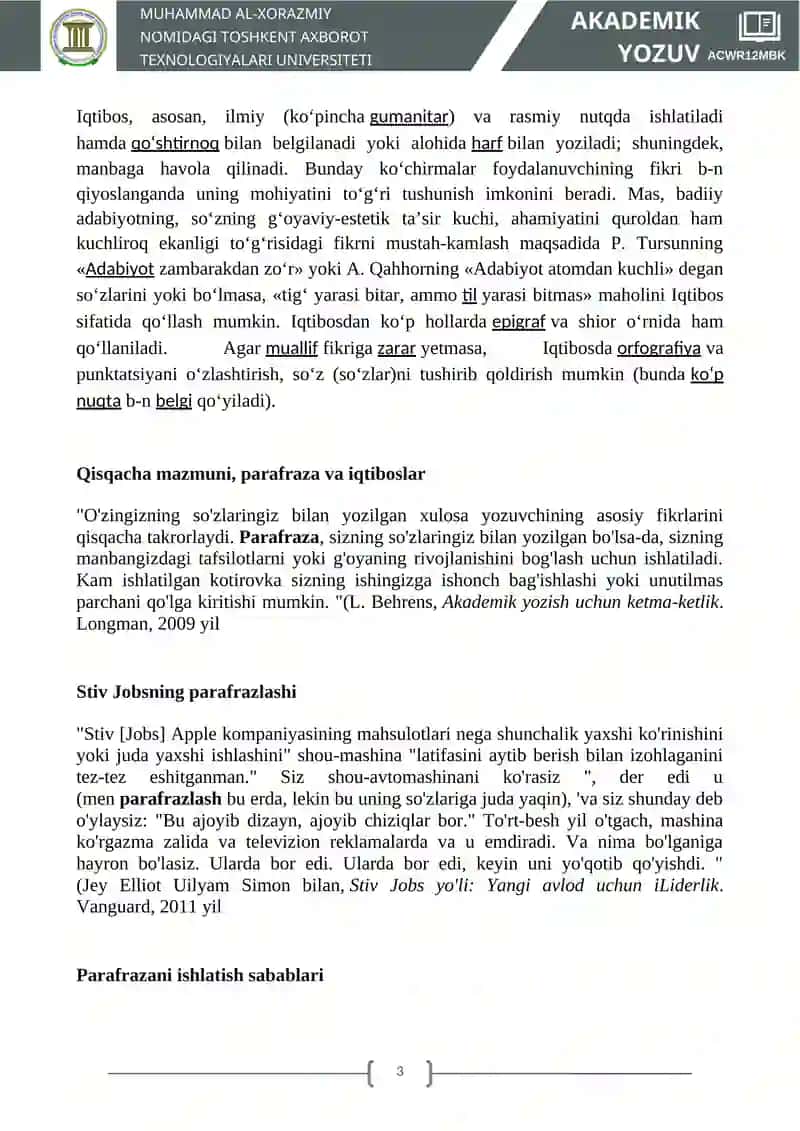 MAVZU ILMIY TADQIQOT MATNINI YARATISH. IQTIBOS KELTIRISH NAZARIY BILIMLAR 3