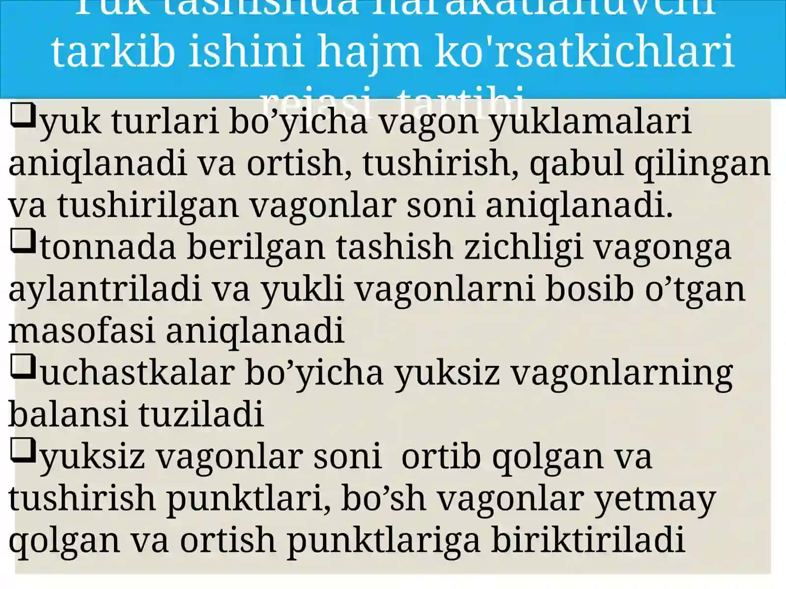 Yuktashishda ekspluatatsiya ishining hajmi va sifat ko’rsatkichlari 3