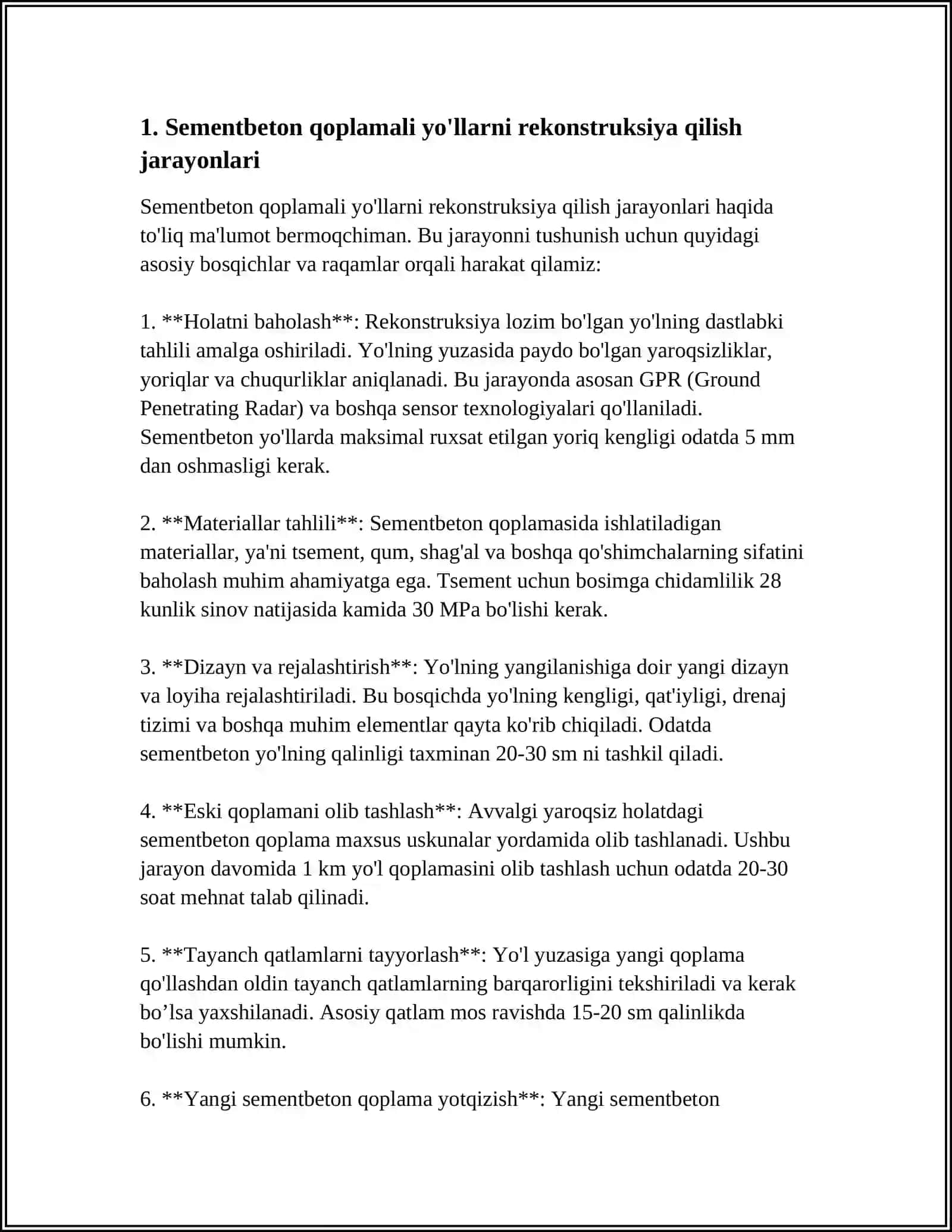 SEMENTBETON QOPLAMALI AVTOMOBIL YOʻLLARINI REKONSTRUKSIYA QILISH 3