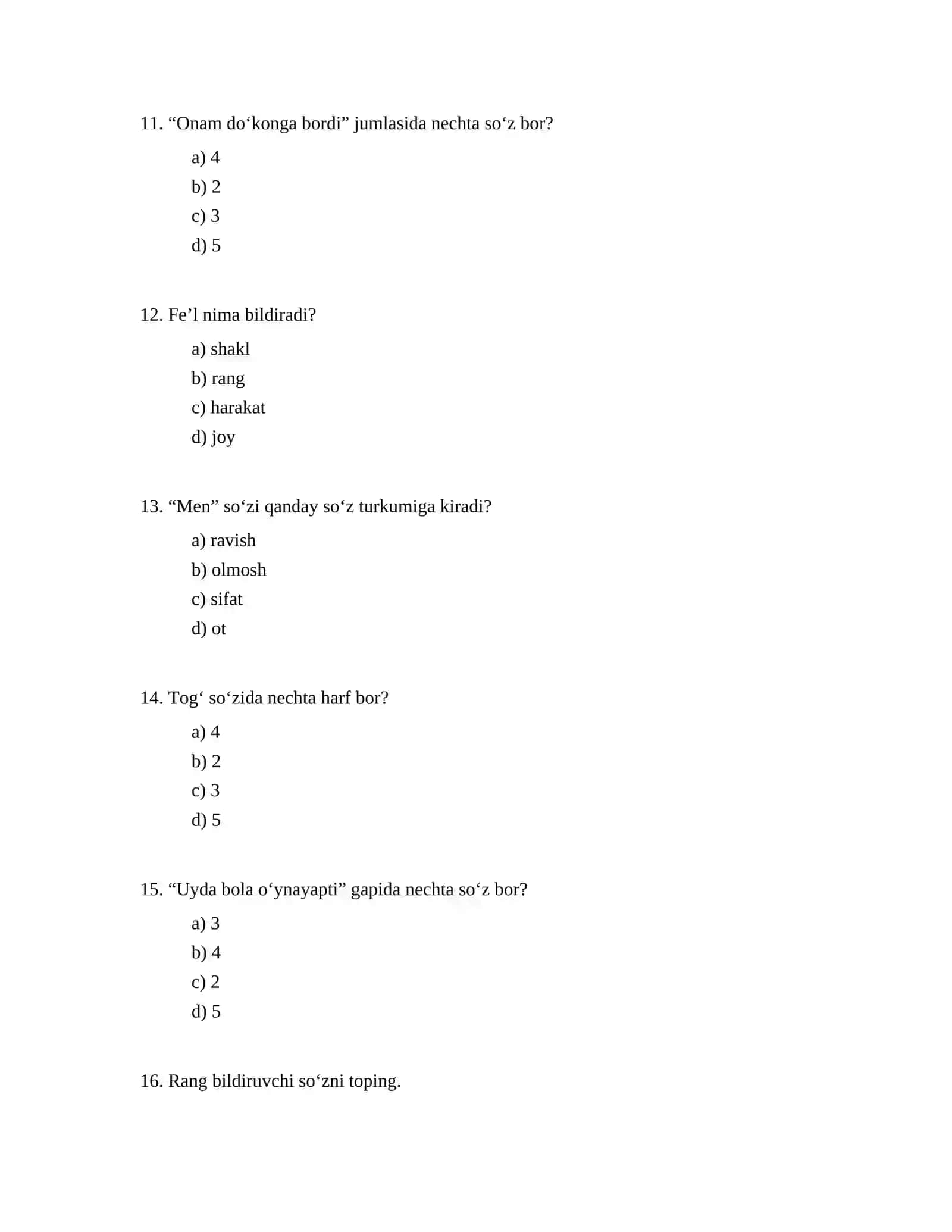 1-sinf ona tili test 3