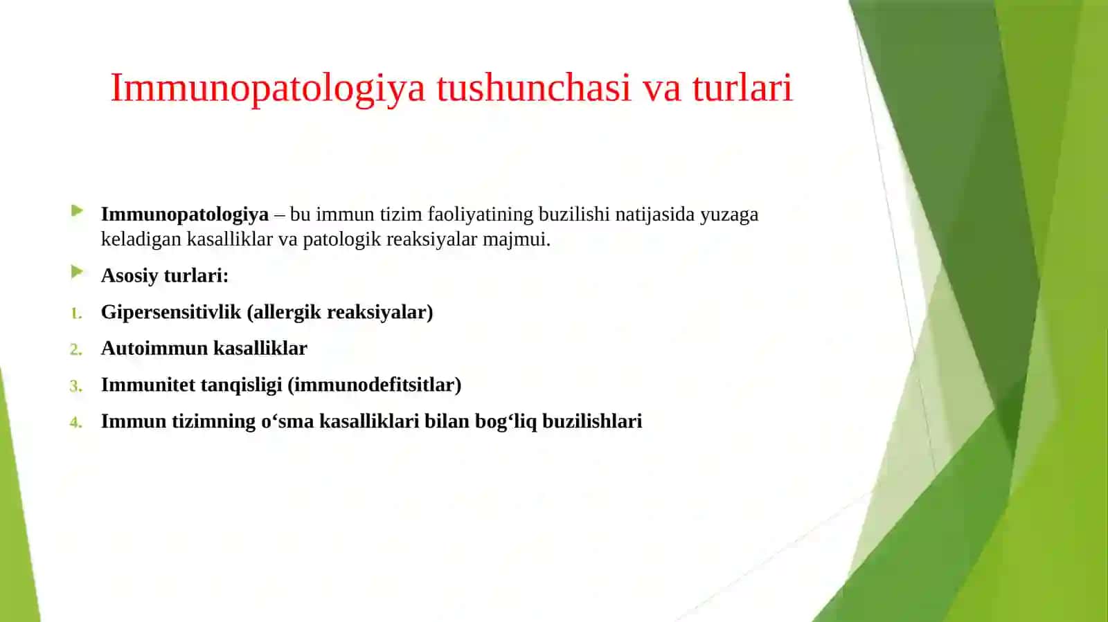 Patologiyada immunopatologik reaktsiyalar. Immunopatologiya tushunchasi va turlari. Allergiya tushunchasi, ular turlari, sabablari, bosqichlari, mahalliy va umumiy ko'rinishlari. Atopik kasalliklar, dorilar va oziq-ovqat uchun allergiya. Autoa allergiyasi, sabablari, rivojlanish mexanizmi, nazariyalari. Immunitet tanqisligining turlari va sabablari. Stomatologiyada uchraydigan immunopatologiyalar. 3