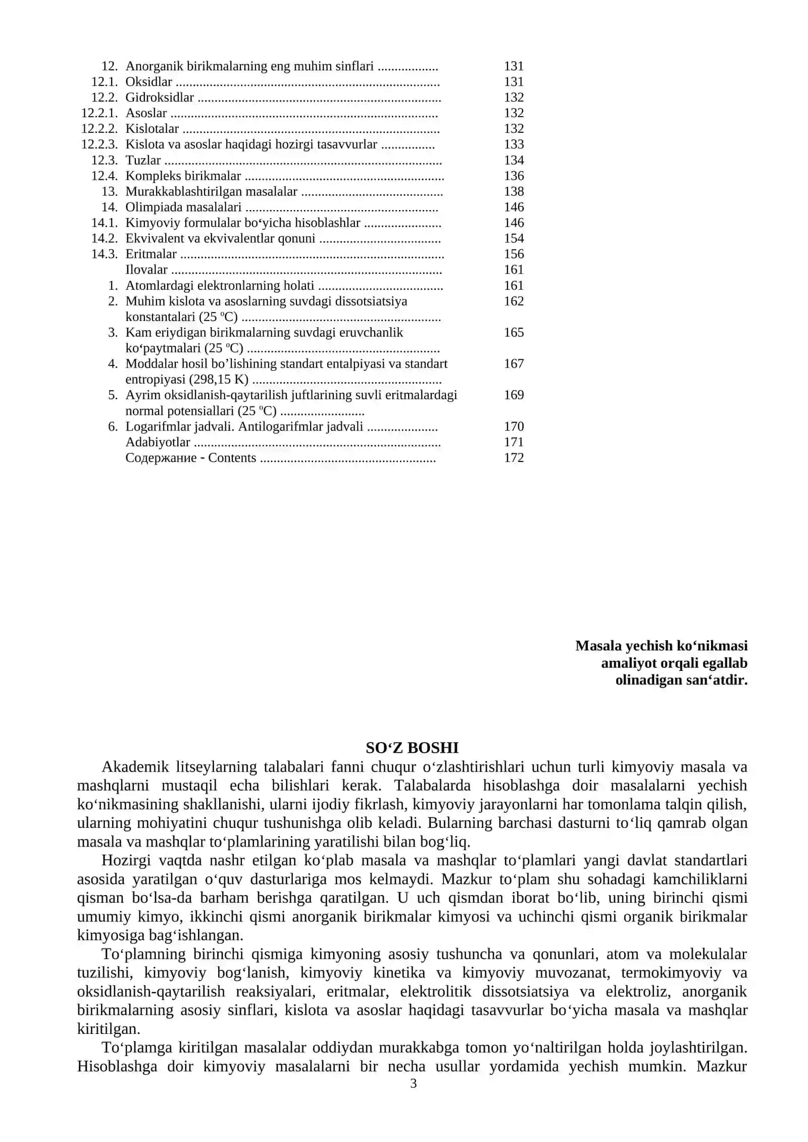 Kimyo. Masala va mashqlar to'plami 3