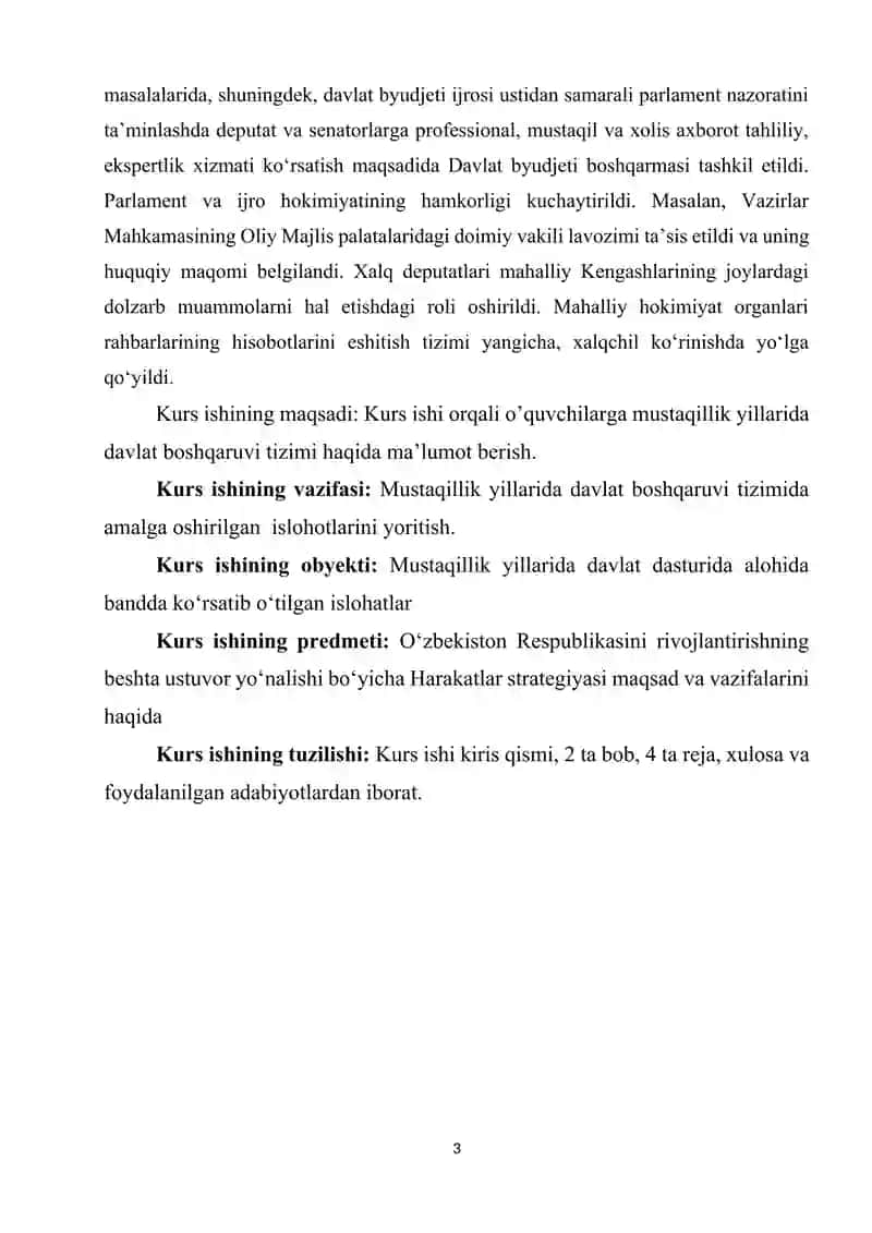 Mustaqillik yillarida davlat boshqaruvi tizimida amalga oshirilgan islohotlar kurs ishi 3