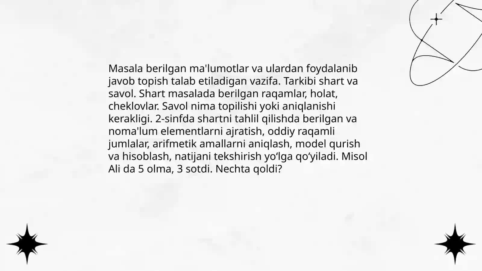 Boshlang`ich sinflarda arifmetik masalalar yechishga o’rgatish metodikasi. Masala va uning tarkibi (2-sinf) 3