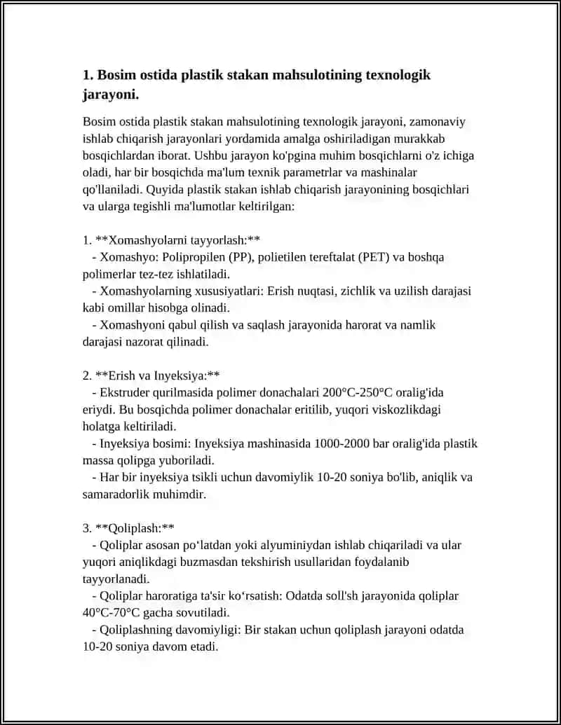 BOSIM OSTIDA PALISTROLDAN STAKAN MAHSULOTINING SANOATDA ISHLAB CHIQARISHNI LOYIHALASH 3