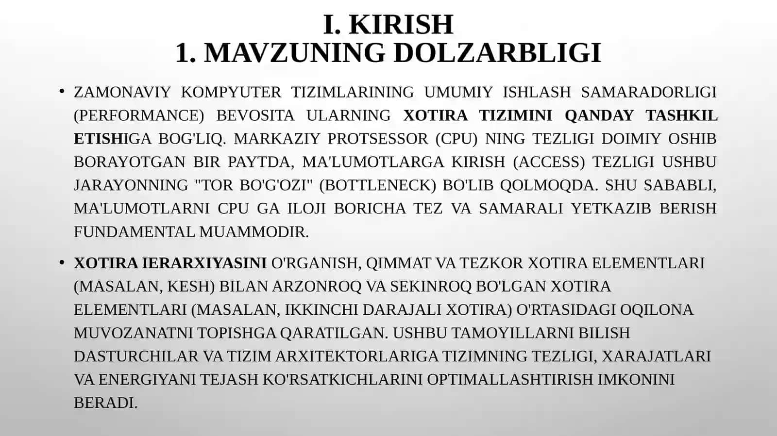 Xotirani tashkillashtirish, ierarxiya sathi va xotira turlarining asosiy xususiyatlari 3