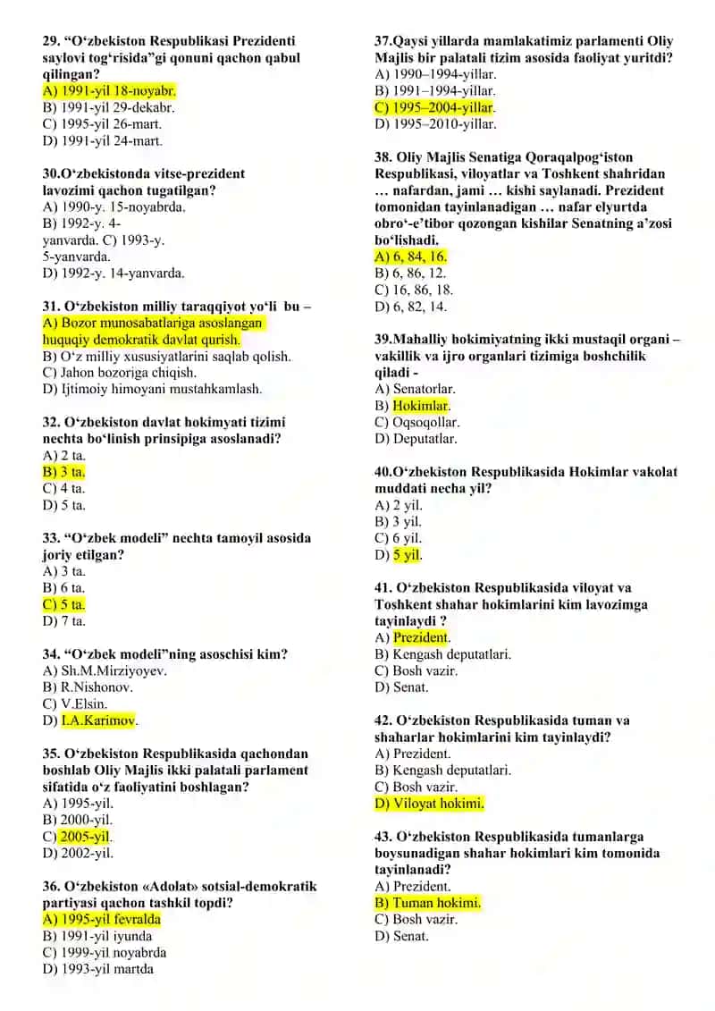 O‘ZBEKISTONNING ENG YANGI TARIXI FANIDAN YAKUNIY NAZORAT TEST SAVOLLARI (275 TA) 3