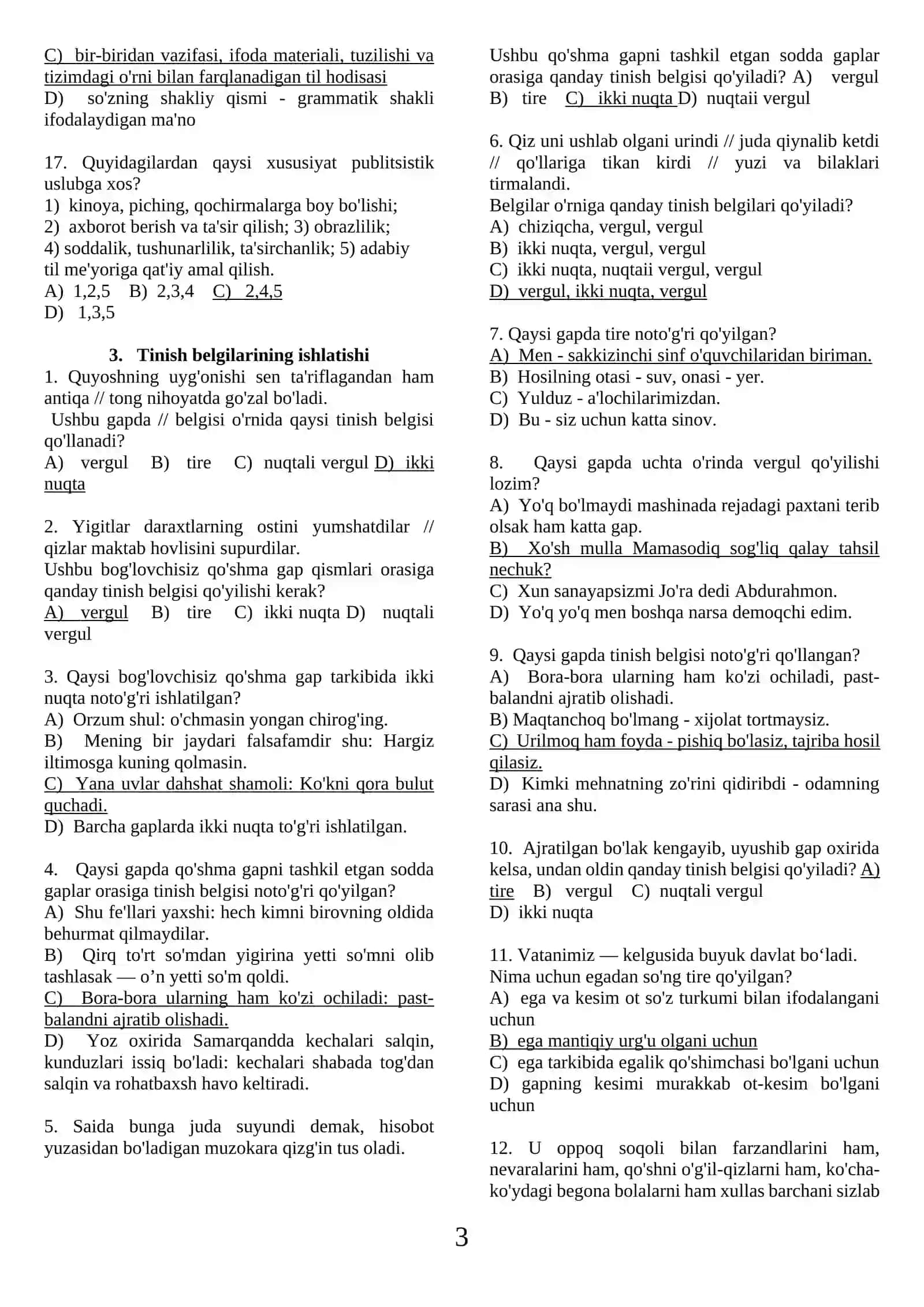 Uslubiyat, punktuatsiya, ko'chirma gap testlar 3