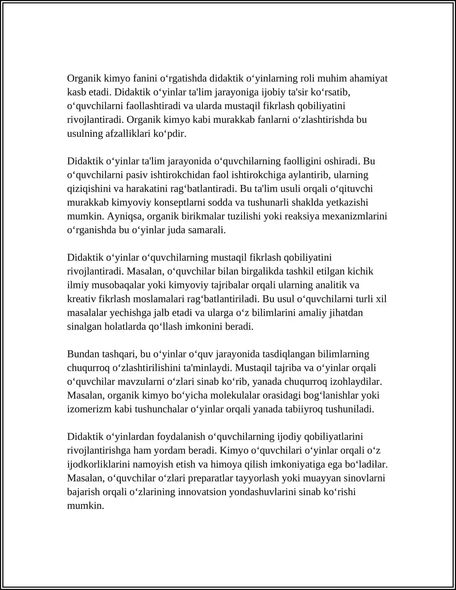MAKTAB O‘QUVCHILARINI ORGANIC KIMYO BO‘YICHA INTELEKTUAL QOBILIYATINI SHAKLLANTIRISHDA DIDAKTIK O‘YINLI O‘QITISH USULLARINI QO‘LLASH MAZUSIDA 3