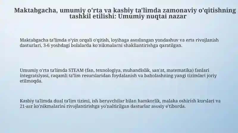 Maktabgacha, umumiy o'rta, professional ta'limda oʻqitish jarayonlarini zamonaviy tashkil etish 3
