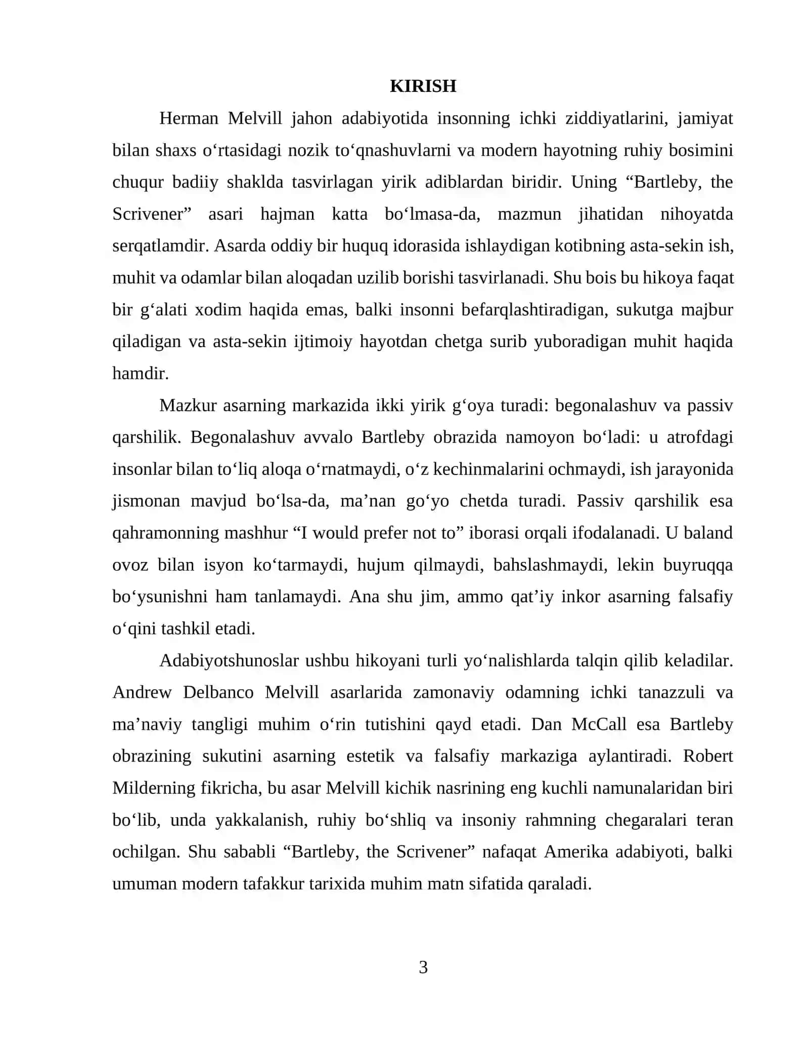 “HERMAN MELVILLNING “BARTLEBY, THE SCRIVENER” ASARIDA BEGONALASHUV VA PASSIV QARSHILIK G‘OYASI” KURS ISHI 3