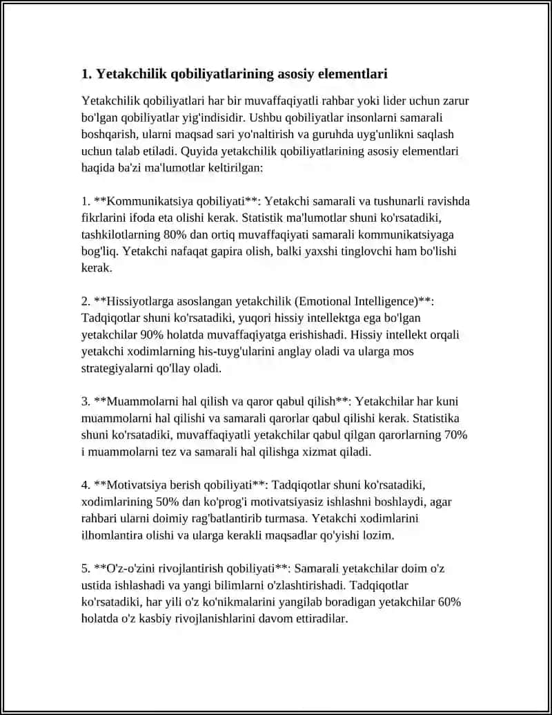 MUSTAQIL ISH Mavzu: YETAKCHILIK QOBILIYATLARINI RIVOJLANTIRISH 3