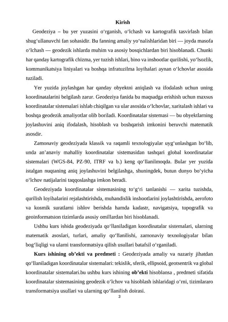 "Geodeziyada qo‘llaniladigan koordinatalar sistemasi" KURS ISHI 3