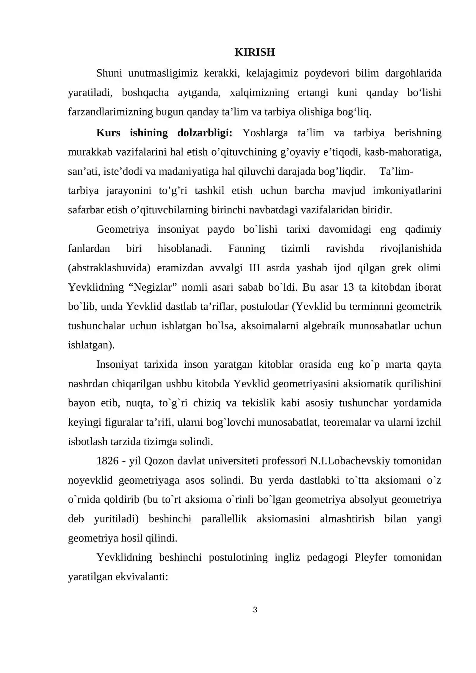 Tekislikdagi Lobachevskiy aksiomasi va undan kelib chiqadigan natijalar 3