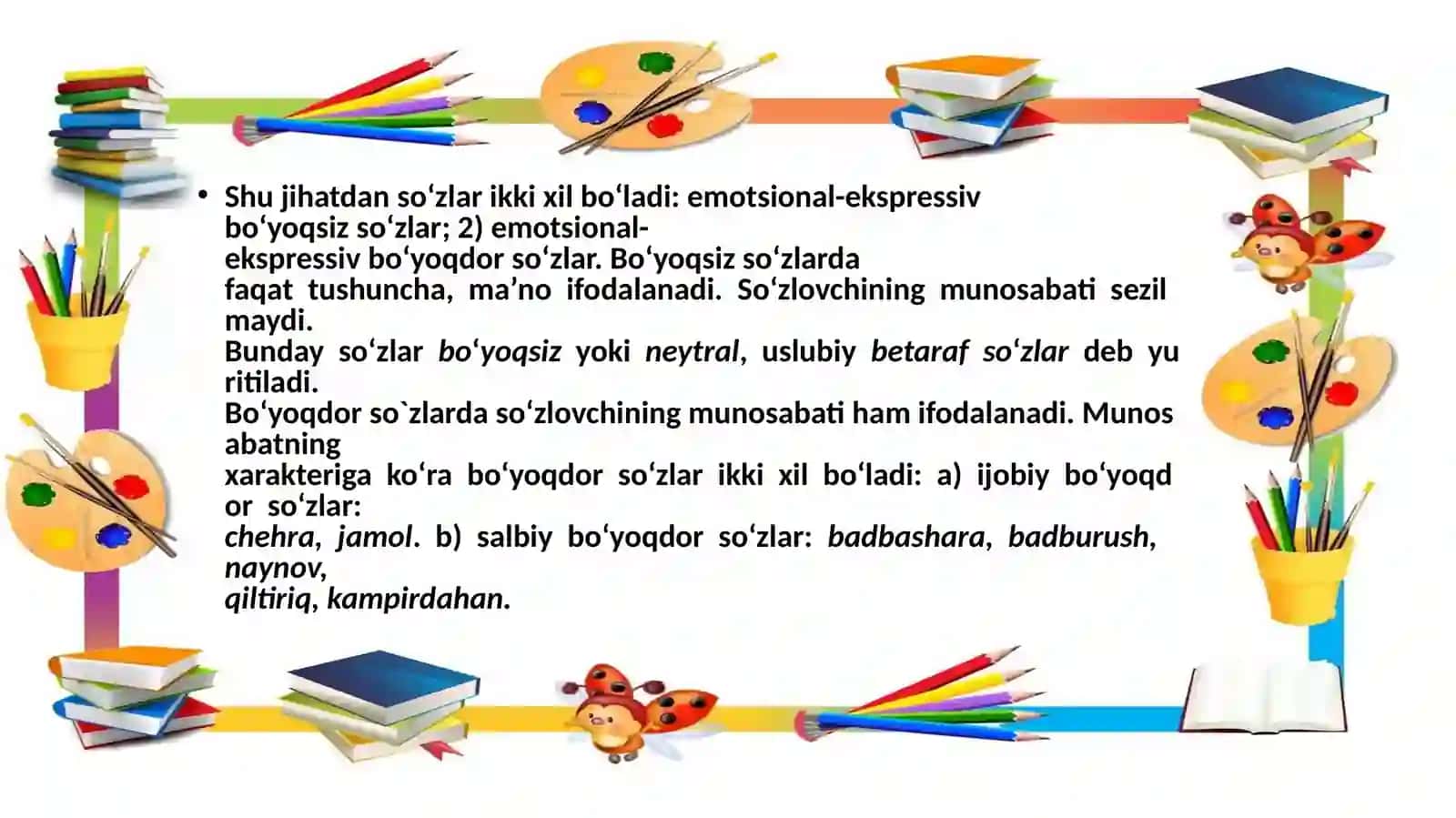 Umumiste`moldagi  hissiy-ta`siriy  bo`yoqlarsiz va bo`yoqdor so`zlar 3