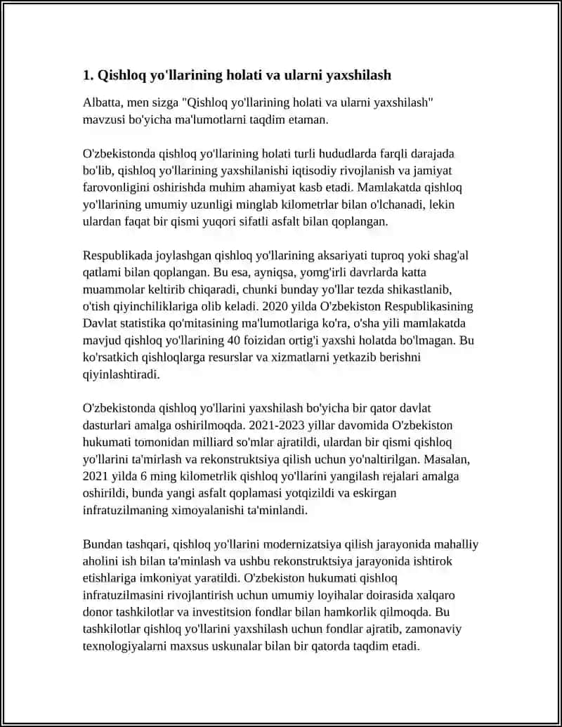 Qishloq Yo'llarining Holati va Ularini Yaxshilash 3