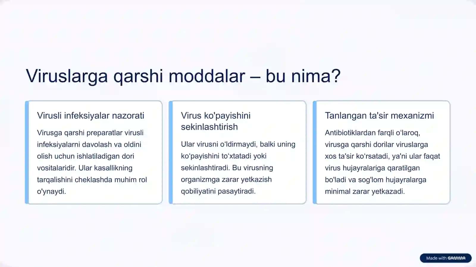 Viruslarga qarshi moddalarni yaratish uzoq vaqt davomida qiyin va mas'uliyatli ish deb hisoblanib kelingan 3
