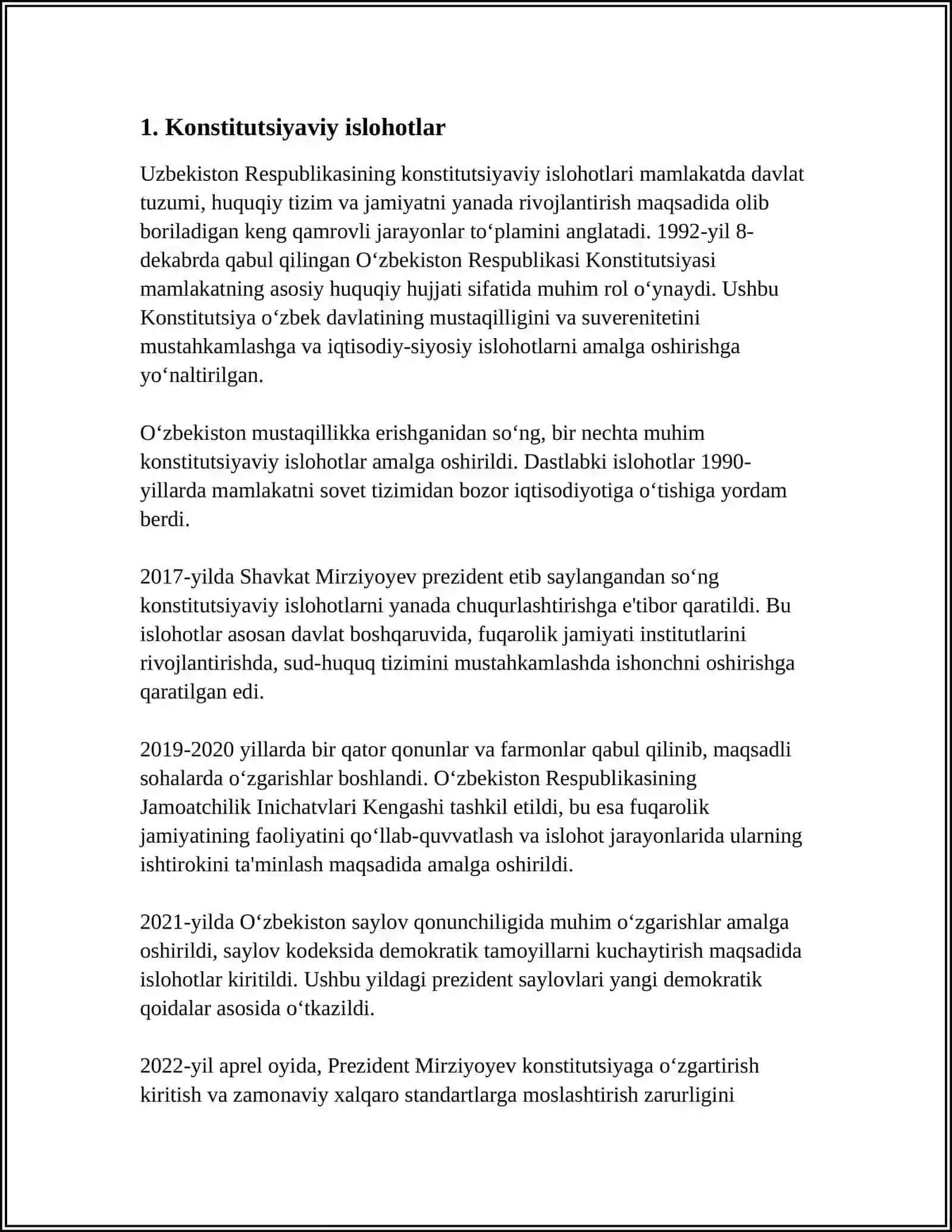 YANGI O‘ZBEKISTONDA SHAVKAT MIRZIYOYEV DAVRIDA AMALGA OSHIRILGAN ISLOHOTLAR 3