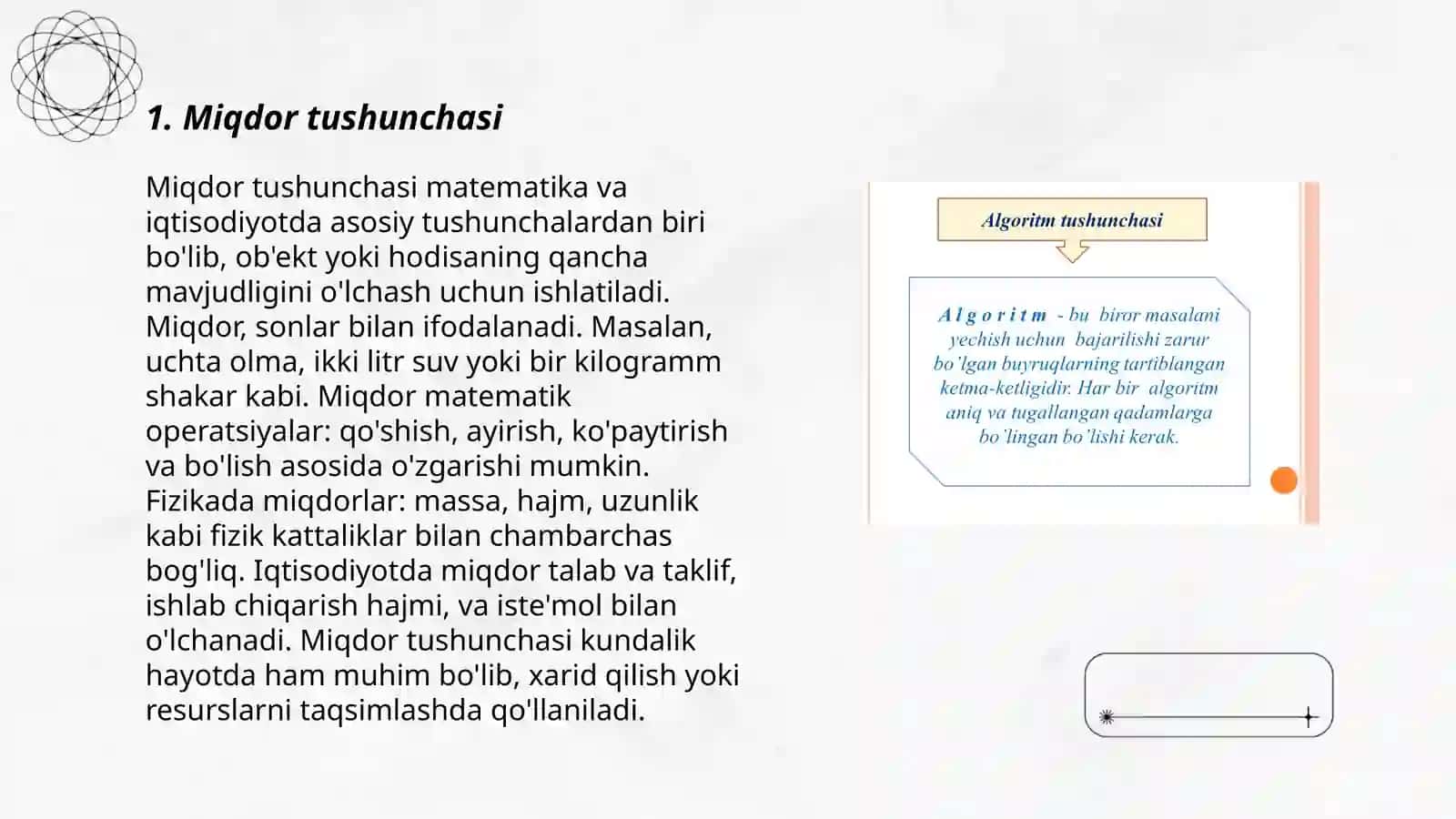 Miqdor tushunchasi va uning turlari. Skalyar miqdorlarning asosiy xossalari. Miqdorlarni o'Ichash tushunchasi. Kesma uzunligi va uning asosiy xossalari. Kesma uzunligini o'lchash. Uzunlikning standart birliklari va ular orasidagi munosabatlar 3