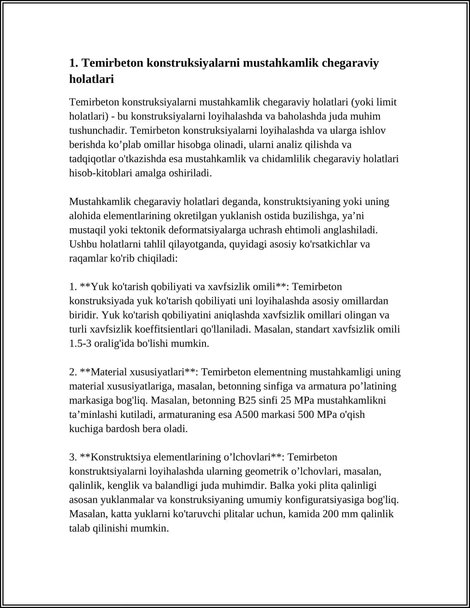 TEMIRBETON KONSTRUKSIYALARNI CHEGARAVIY HOLATLAR BOYICHA HISOBLASH 3
