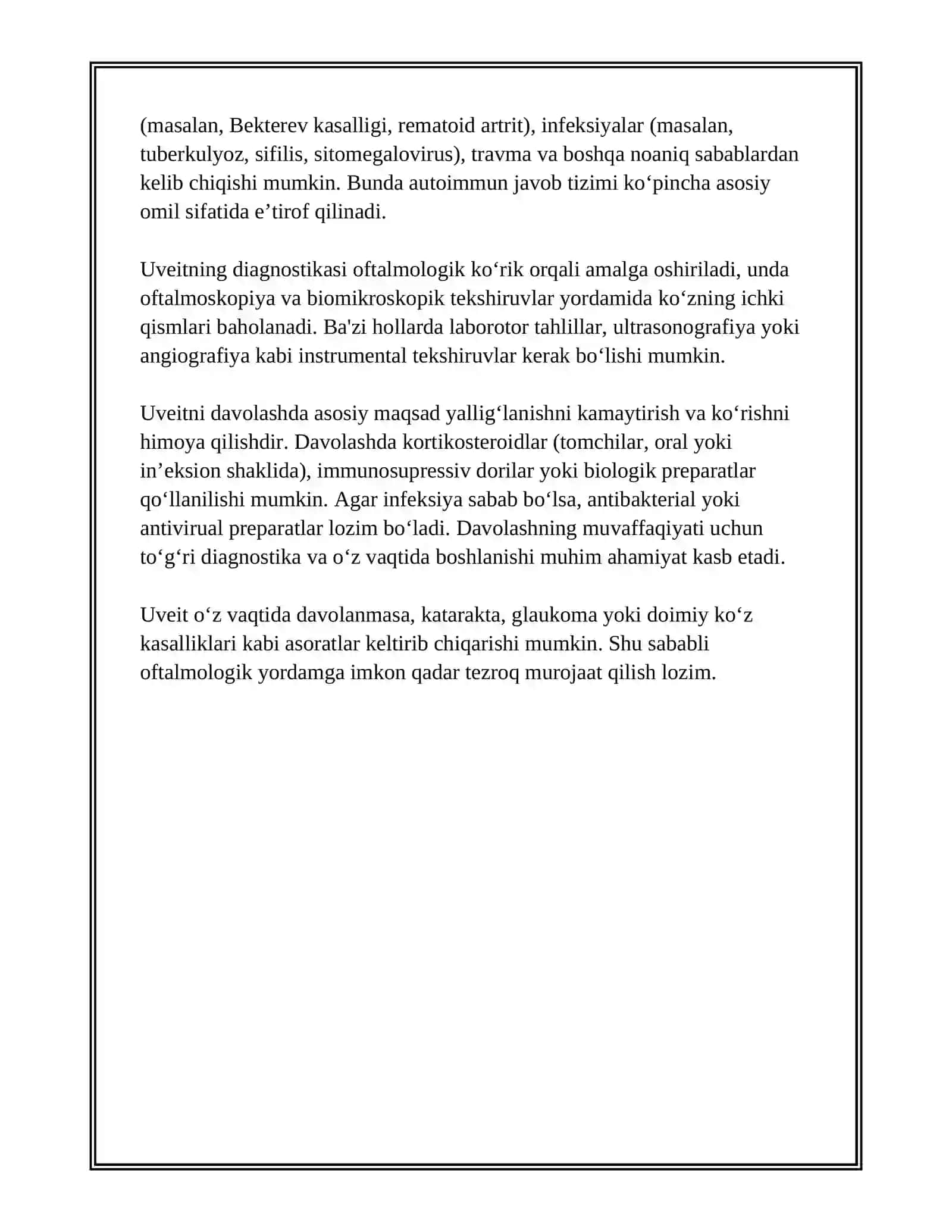 UVEIT. KATARAKTA. RETINOPATIYALAR. TO‘R PARDA O‘SMALARI. KO‘RUV NERV PATOLOGIYALARI 3