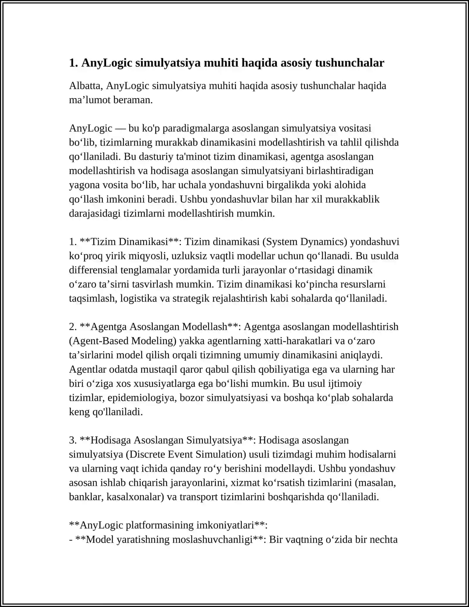 ANYLOGIC SIMULYATSIYA MUHITI HAQIDA TUSHUNCHA BERING 3