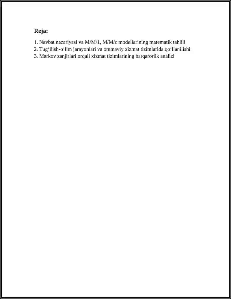 Ommaiy xizmat ko'rsatish tizimining matematik va simulyatsiyalash modellari 3