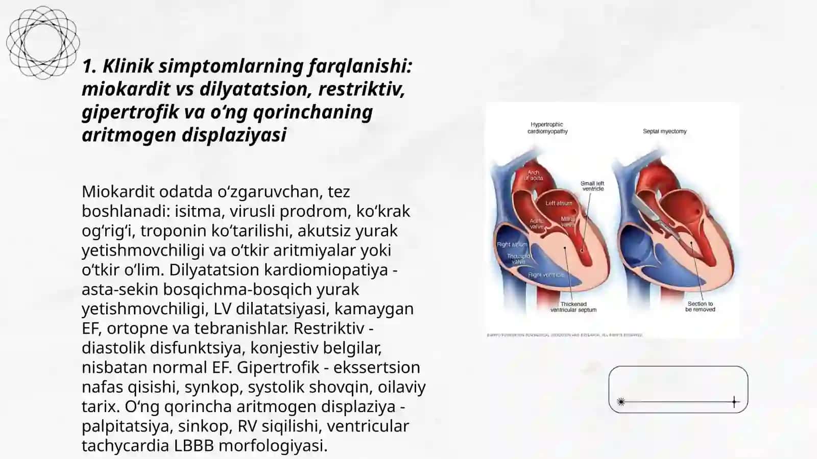 Miokardit va kardiomiopatiyaning turli xil klinik formalari (dilyatatsion, restriktiv, gipertrofik, o‘ng qorinchaning aritmogen displaziyasi) da taqqoslama tashxisot 3
