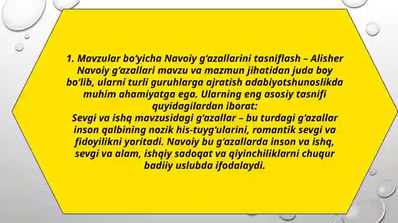 Navoiy gʻazallarining mavzu boʻyicha har bir turiga gʻazal yodlash va ularni gʻoyaviy va badiiy jihatdan tahlil qilish 3