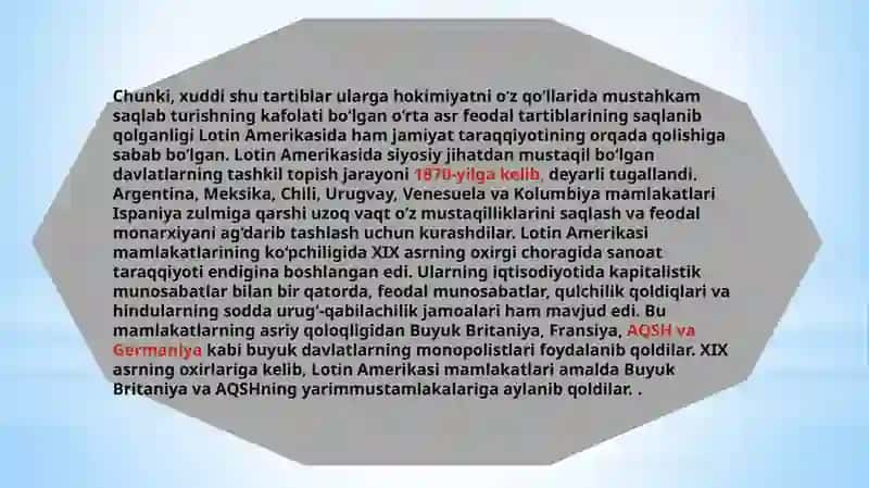 ХIХ ASRNING 30-70 YILLARIDA LOTIN AMERIKASI DAVLATLARINING IJTIMOIY –IQTISODIY AHVOLI 3