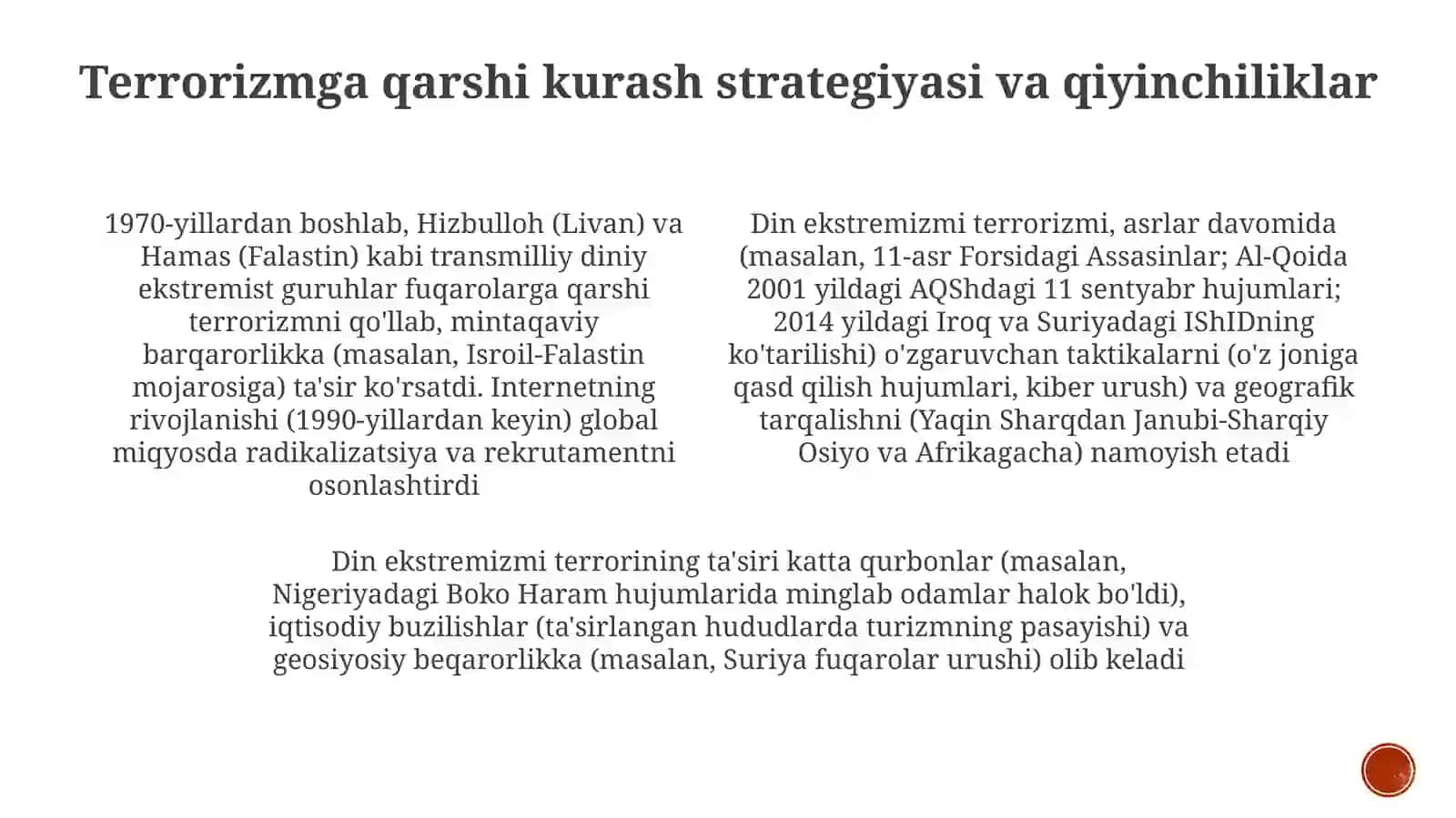 Diniy fundamental radikalizm terrorizmning tarixi va yoʻnalishlari 3