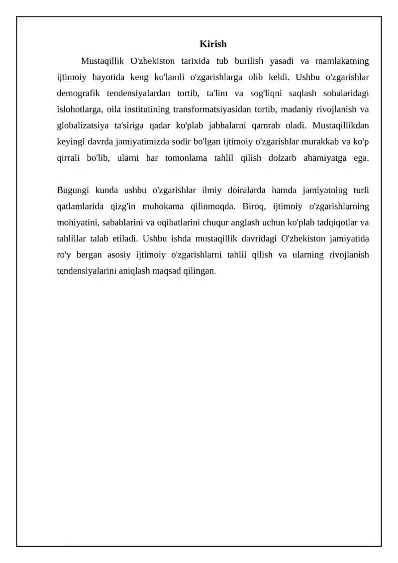 Mustaqillikdan soʻng Oʻzbekiston Respublikasida ijtimoiy o'zgarishlar 3
