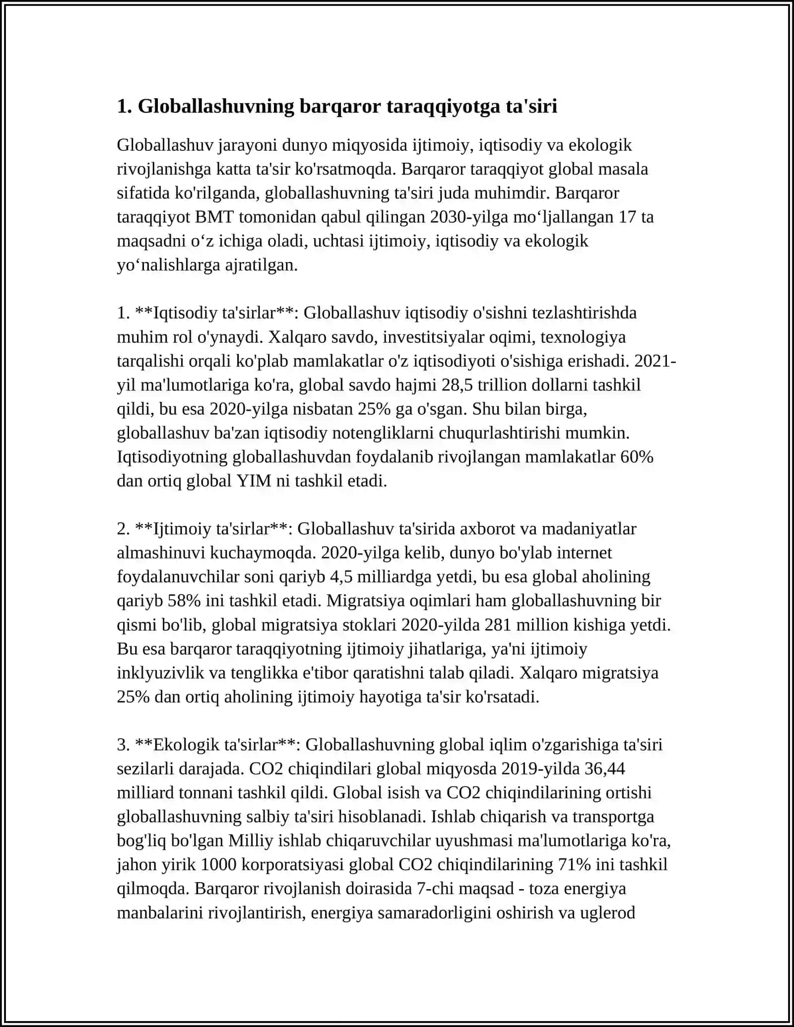 BARQAROR TARAQQIYOTNI TA'MINLASHDA GLOBALLASHUVNING IJOBIY VA SALBIY YOʻNALISHLARI 3