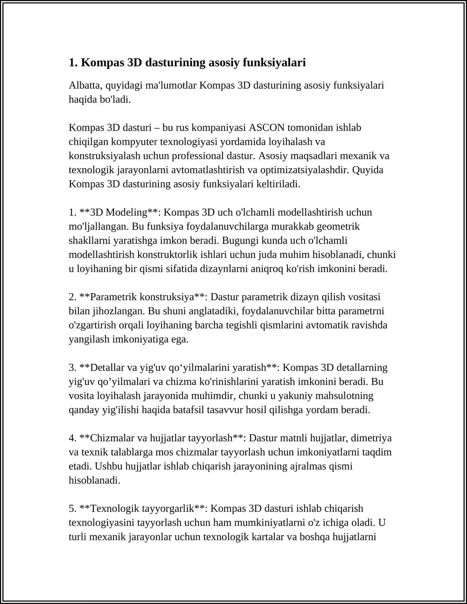 LOYIHALASHTIRISHDA FOYDALANILADIGAN CHIZISHNI BAJARADIGAN AMALIY DASTURLAR.(KOMPAS 3D DASTURI MISOLIDA) 3