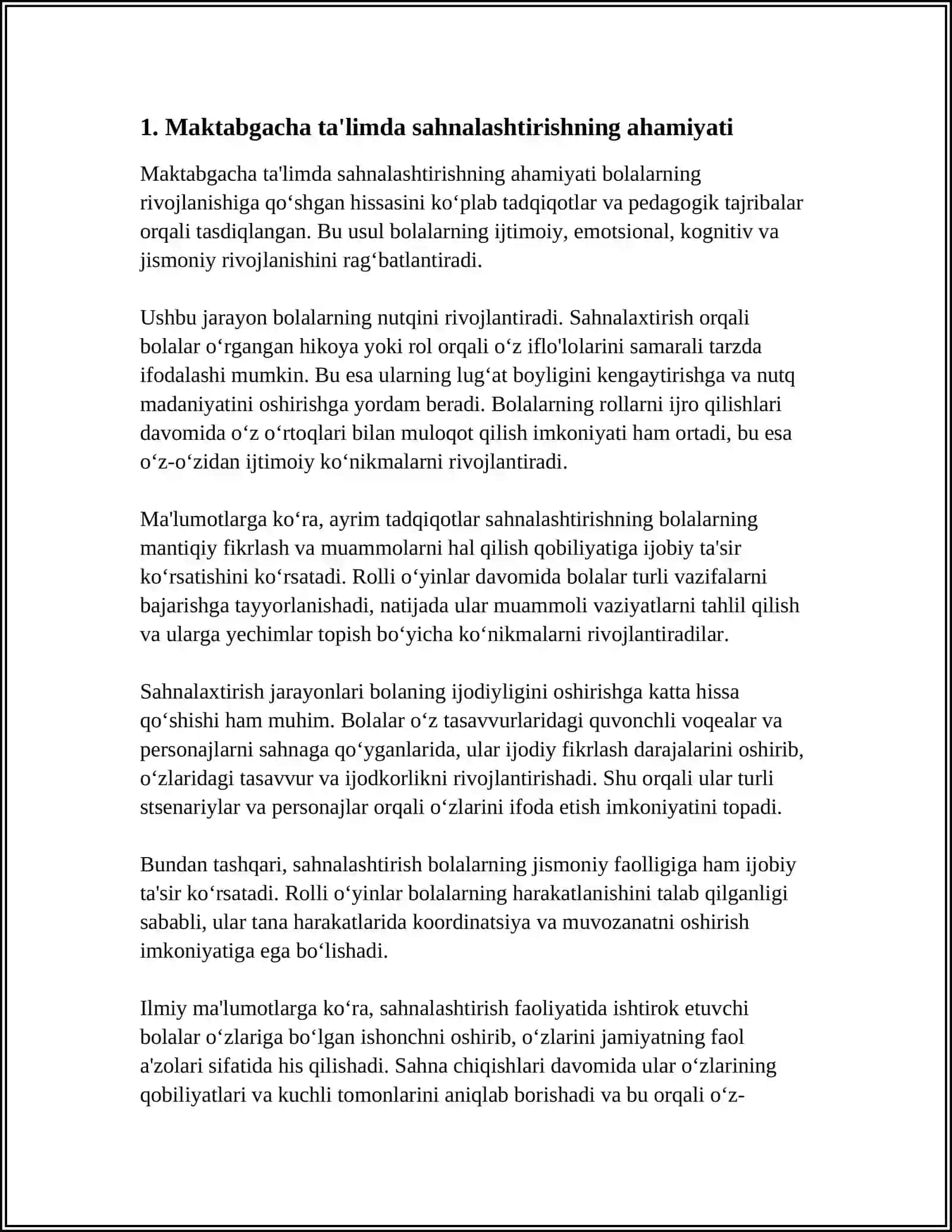 MAKTABGACHA TA'LIMDA SAHNALASHTIRISH VA IJODIY FAOLIYATGA O'RGATISH FANING YOSH AVLODGA BARKAMOL INSON QILIB TARBIYALASHDAGI O'RNI 3
