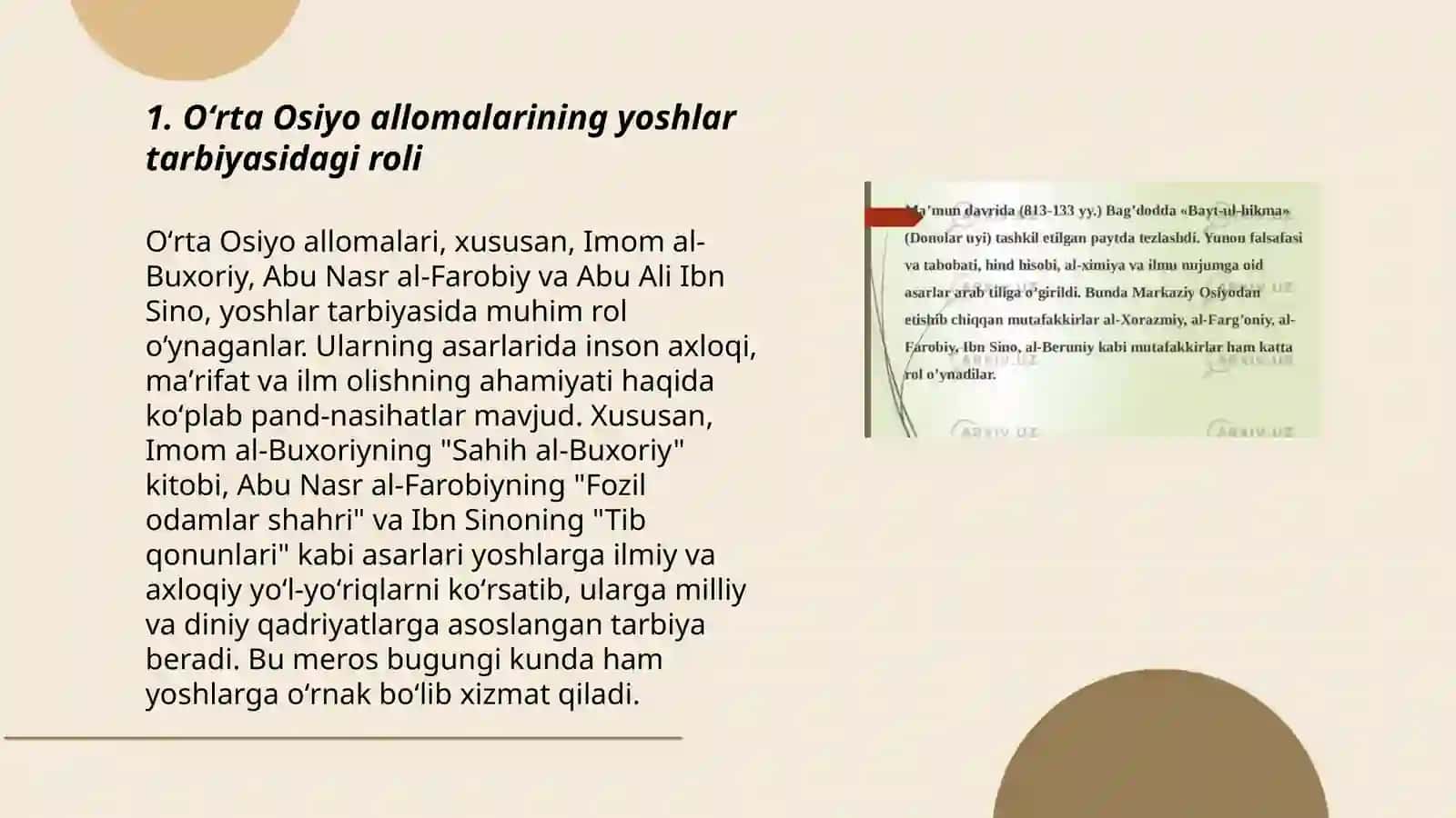 Yuksak maʼnaviyat yoshlarni tarbiyalashda Oʻrta Osiyo allomalari ilmiy merosining oʻrni (allomalaring ilmiy faoliyati misolida) 3