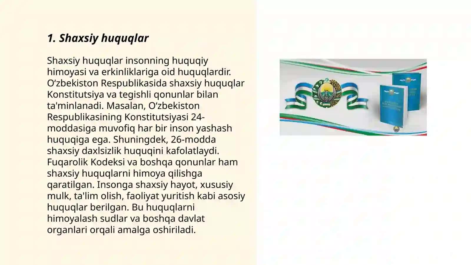 Oʻzbekiston Respublikasida inson va fuqarolarning huquqi, erkinlik va burchlarining konstitutsiyaviy tasniflanishi( klassifikatsiyasi) 3