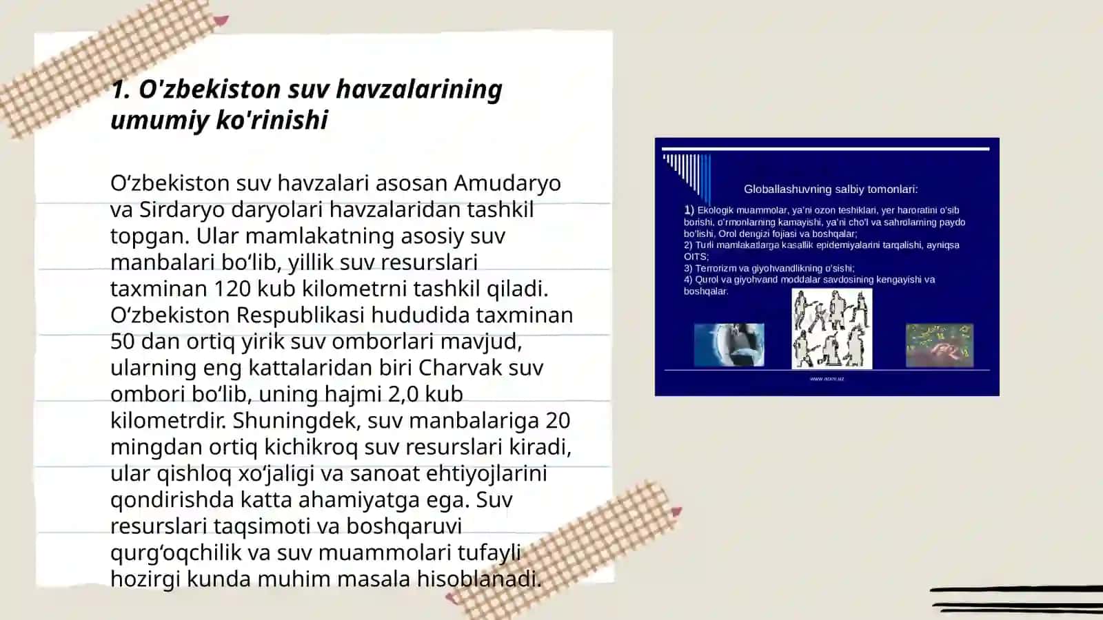 O'zbekiston suv havzalarining hozirgi holati. Mintaqada suv muammolari va ularning oldini olish masalalari 3