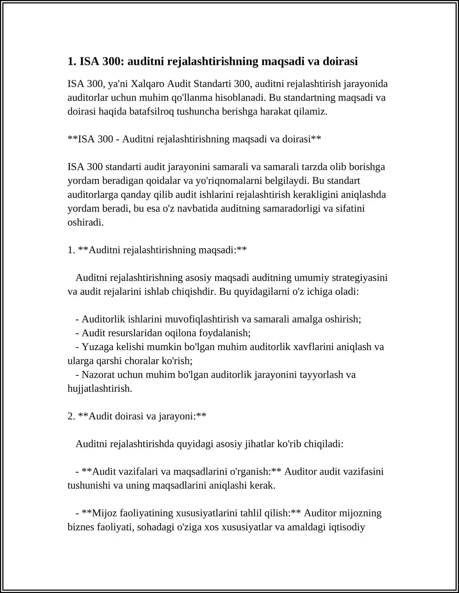 AUDITORLIK TEKSHIRUVINI REJALASHTIRISH ISA 300."PLANNING AN AUDITOR OF FINANCIAL STATEMENTS" TALABLARI ASOSIDA 3