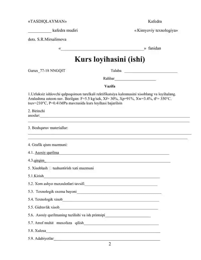 Uzluksiz ishlovchi qalpoqsimon tarelkali rektifikatsiya kalonnasini xisoblang va loyihalang 3
