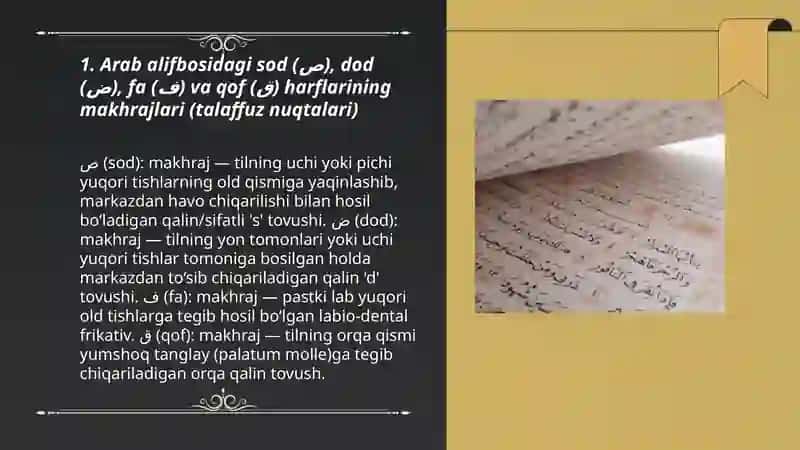 Arab alifbosidagi sod dod fa Qof harflarining oʼziga xosligi 3