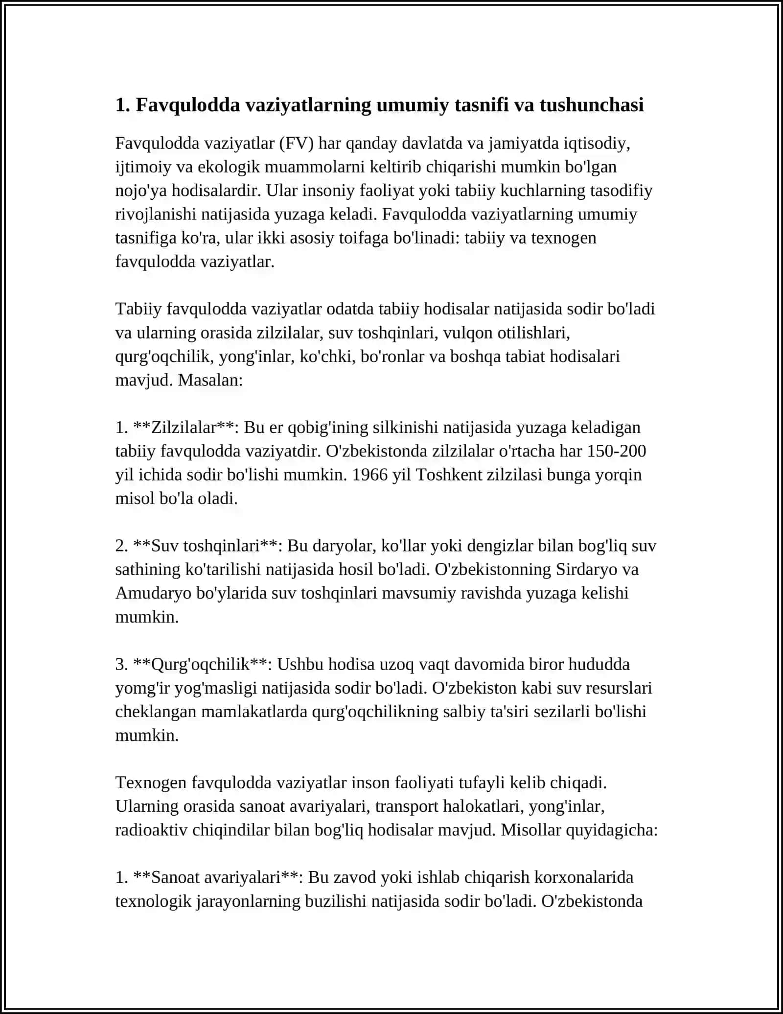 FAVQULODDA VAZIYATLAR ULARNING TASNIFI VA TAVSIFI 3
