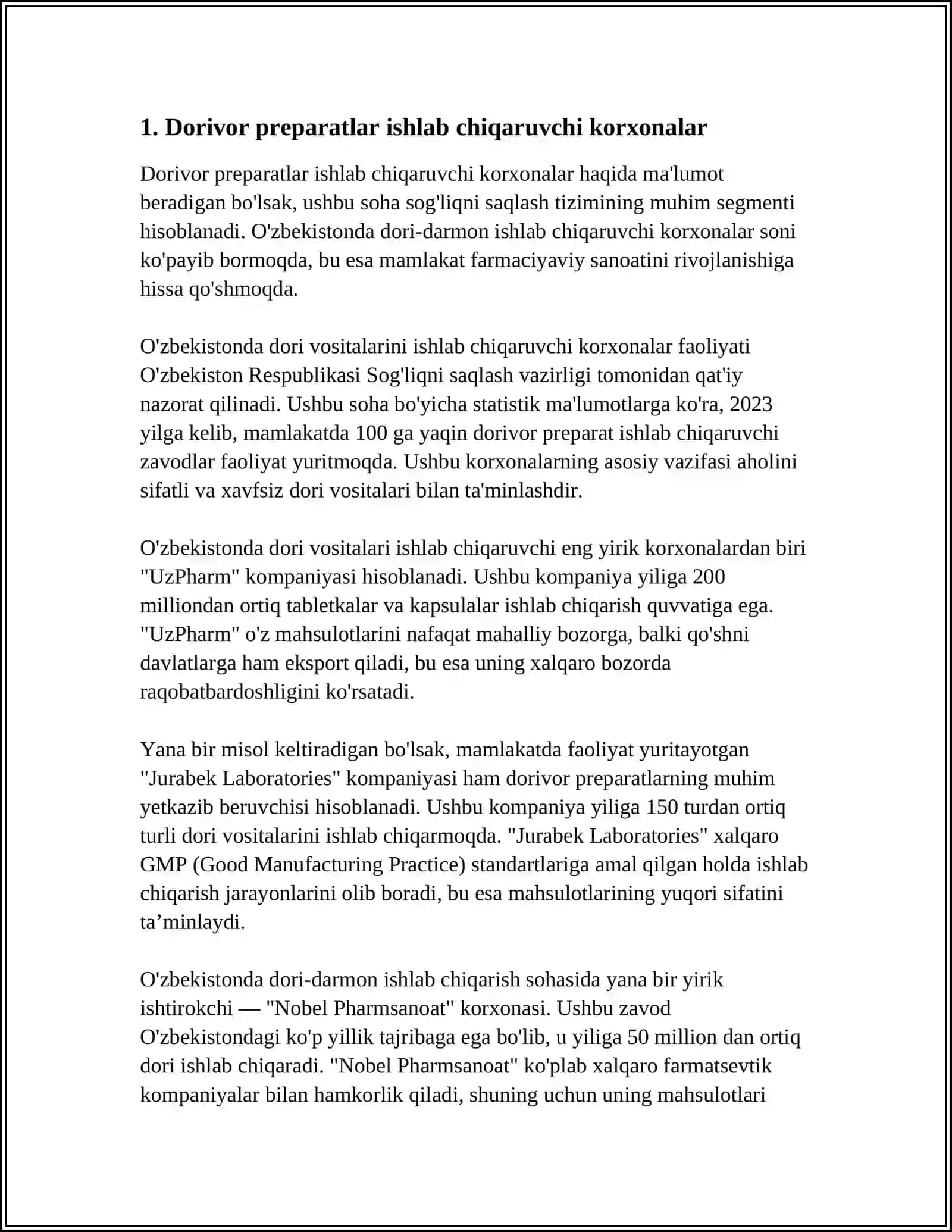 O'ZBEKISTONDA FARMASEVTIK ISHLAB CHIQARISH KORXONALAR VA ULARNING TURLARI 3