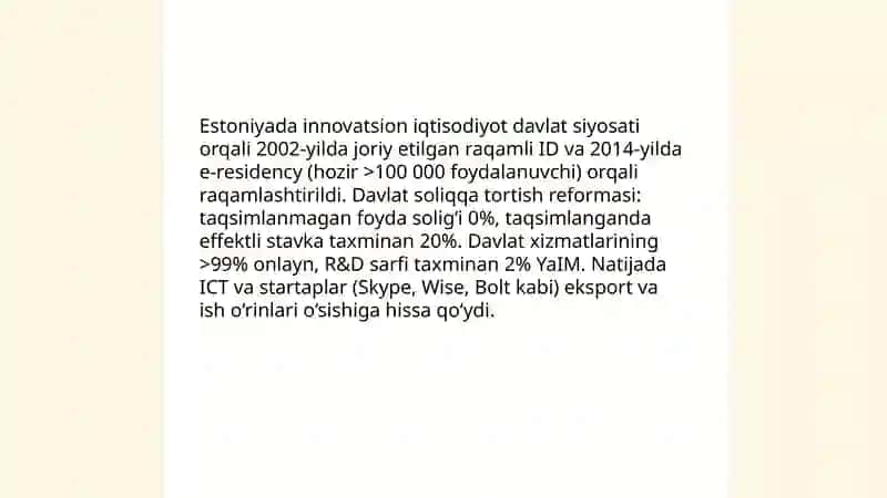 Innovatsion iqtisodiyotning Estoniya davlati tajribasi asosida iqtisodiy oʻsishni taʼminlashdagi tajribalarni oʻrganish 3