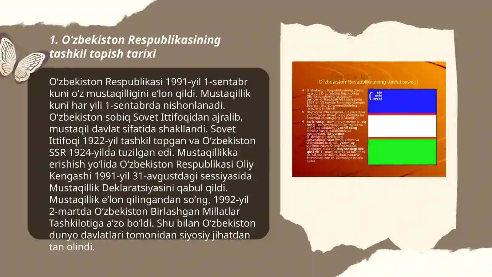 Oʻzbekiston respublikasining tashkil topishi va uning tarixiy ahamiyati.oʻzbekistonning oʻziga xos istiqlol va taraqqiyot yoʻli 3