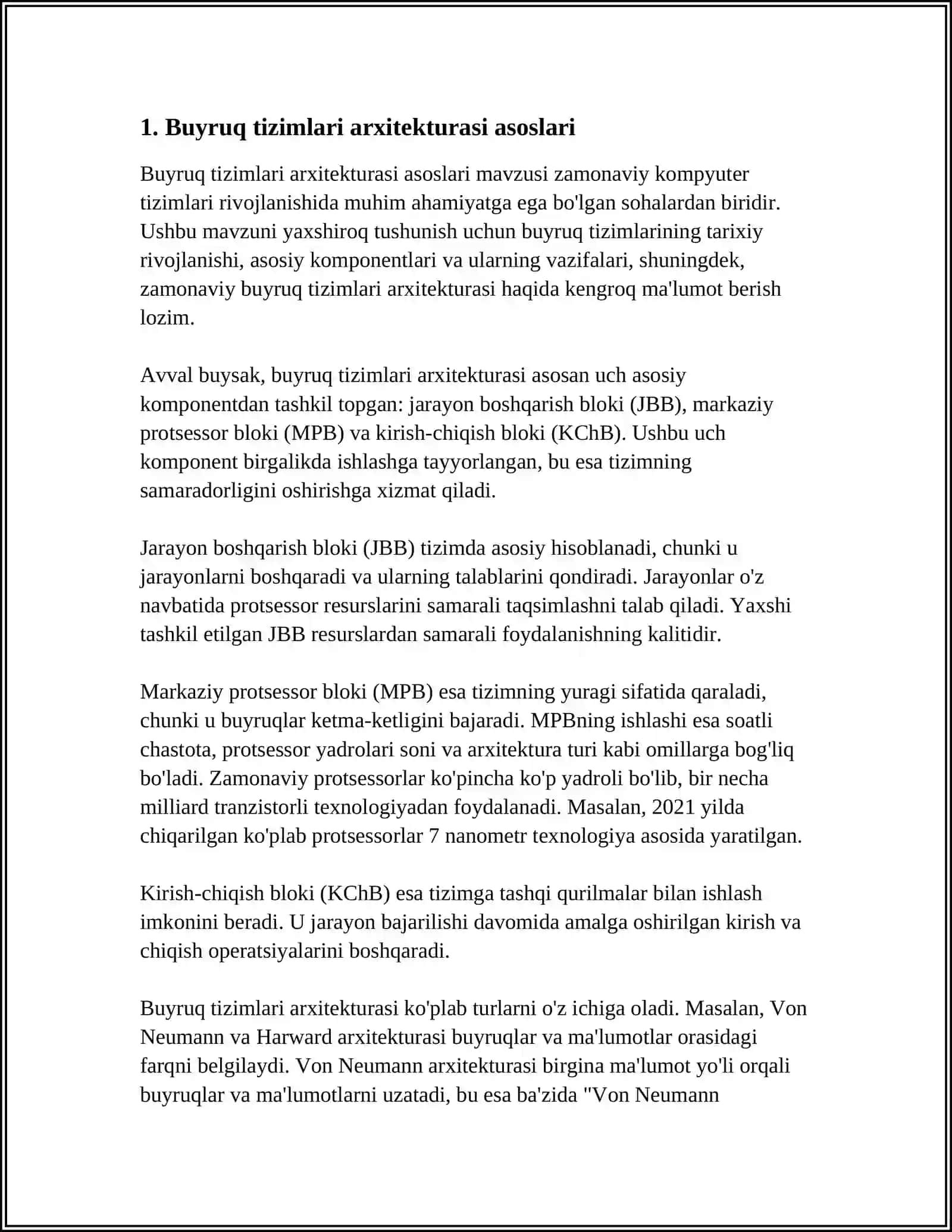 BUYRUQLAR TIZIMI ARXITEKTURALARI; ZAMONAVIY SHINALAMING XUSUSIYATLARI; XOTIRA TURLARI VA XUSUSIYATLARI; ASSEMBLER TILIDA DASTURLASHNING IMKONIYATLARI; TASHQI QURILMALARNING O‘ZARO MA’LUMOT ALMASHINISH JARAYONLARI; INTEL VA AMD PROTSESSORLARI 3