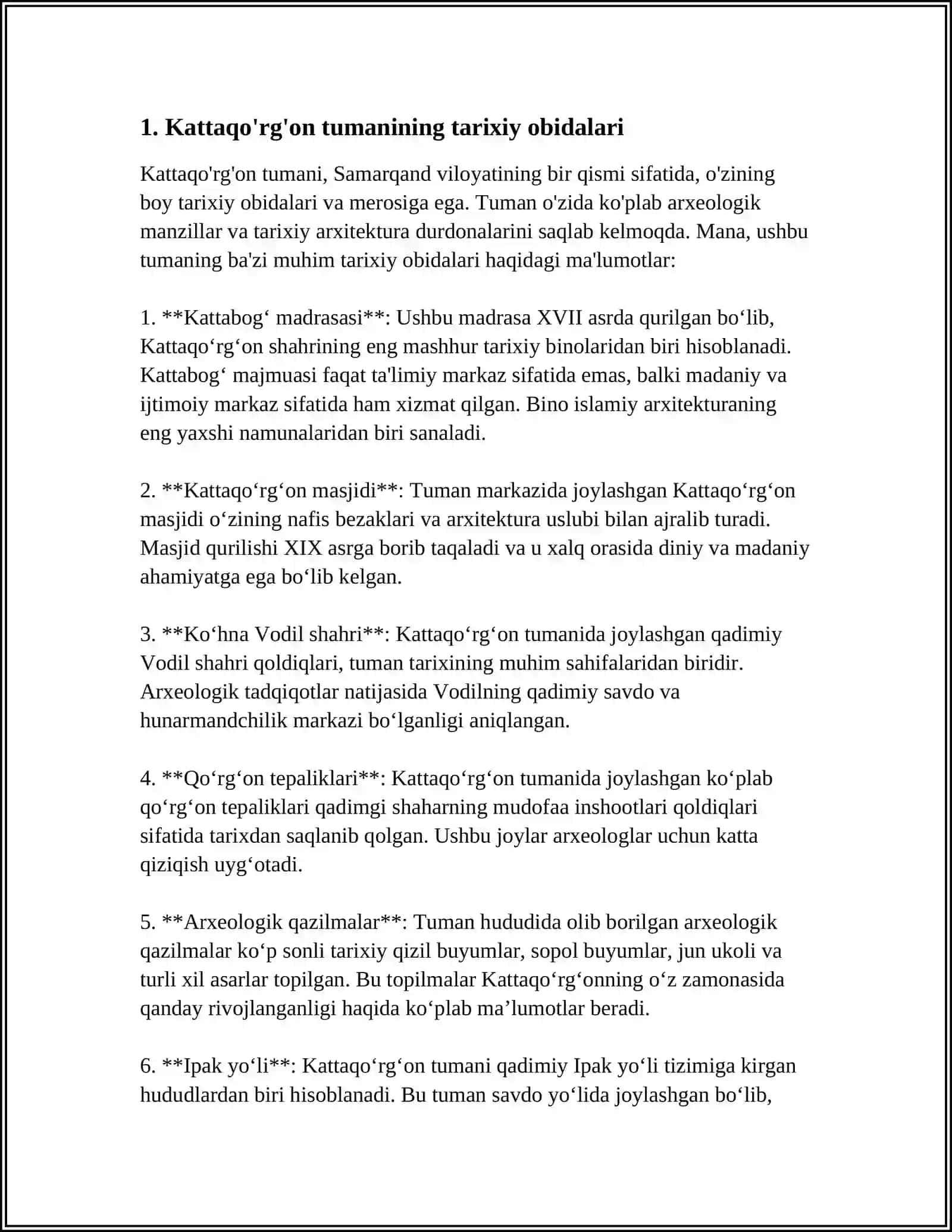 KATTAQO'RG'ON TUMANI ARXEOLOGIK, ETNOGRAFIK VA TOPONIMIK MA’LUMOTLARI 3