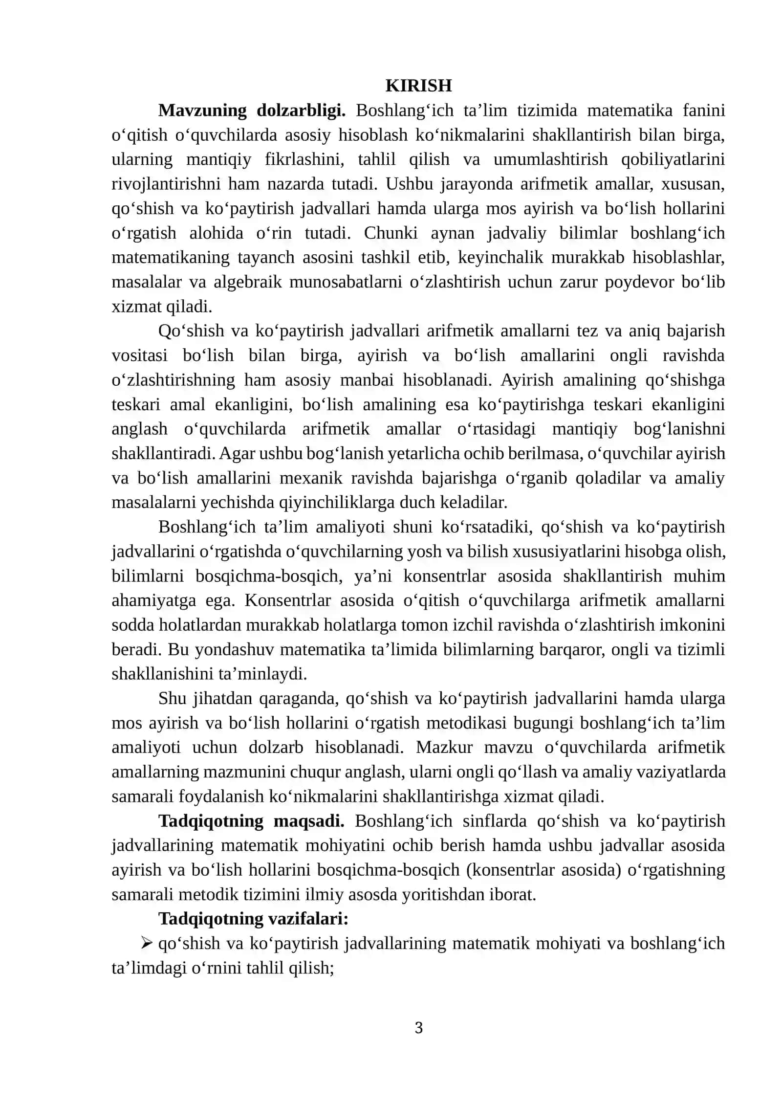 “QO‘SHISH VA KO‘PAYTIRISH JADVALLARI HAMDA ULARGA MOS AYIRISH VA BO‘LISH HOLLARINI O‘RGATISH METODIKASI” 3