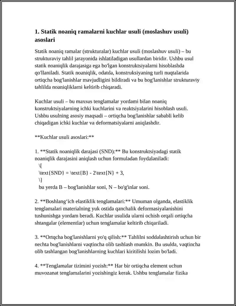 STATIK NOANIQ RAMALARNI KUCHLAR USULIDA USTIVORLIKKA HISOBLASH 3