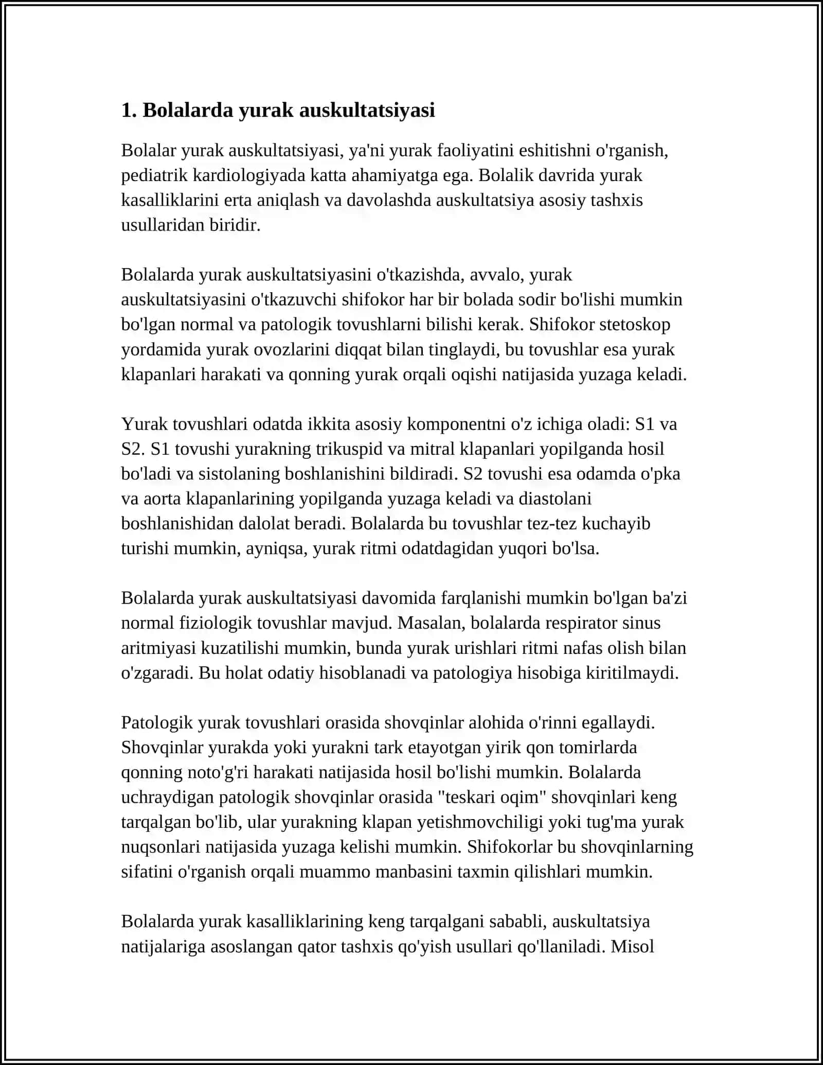 BOLALARDA YURAK AUSKULTATSIYASI. AUSKULTATSIYA TARTIBI. SOGʻLOM ODAMDA NORMAL TONLARNI XARAKTERISTIKASI 3